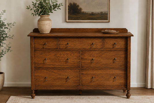 The Hadley 7-Drawer Dresser, solid oak seven-drawer dresser with antique-bronze teardrop pulls and turned bun feet, made to order by Timber and Nail