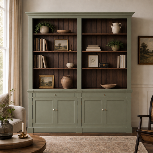 The Ashford Library Hutch, solid oak library hutch with open shelving and lower cabinets, 87 inches tall, made to order by Timber and Nail