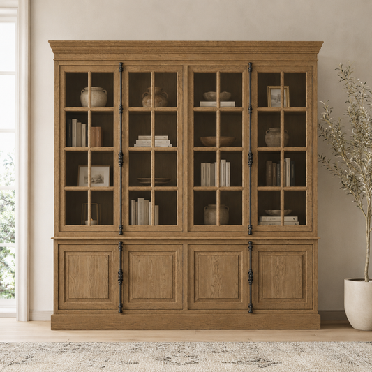 The Wycliffe Library Cabinet, solid wood glass-front library cabinet with paned display doors and lower storage cabinets, made to order by Timber and Nail