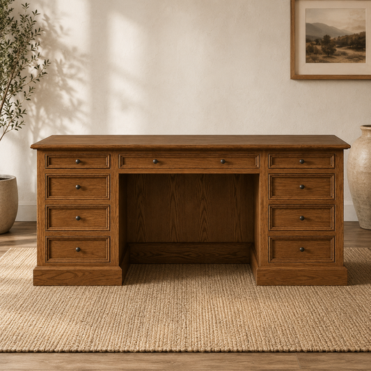 The Hartwell Executive Desk, solid oak double-pedestal executive desk with nine dovetailed drawers and antique-bronze hardware, made to order by Timber and Nail
